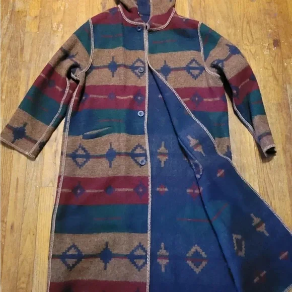 Southwestern Tan Blue Aztec Wool DUSTER Hooded Blanket Coat REVERSIBLE Button Up